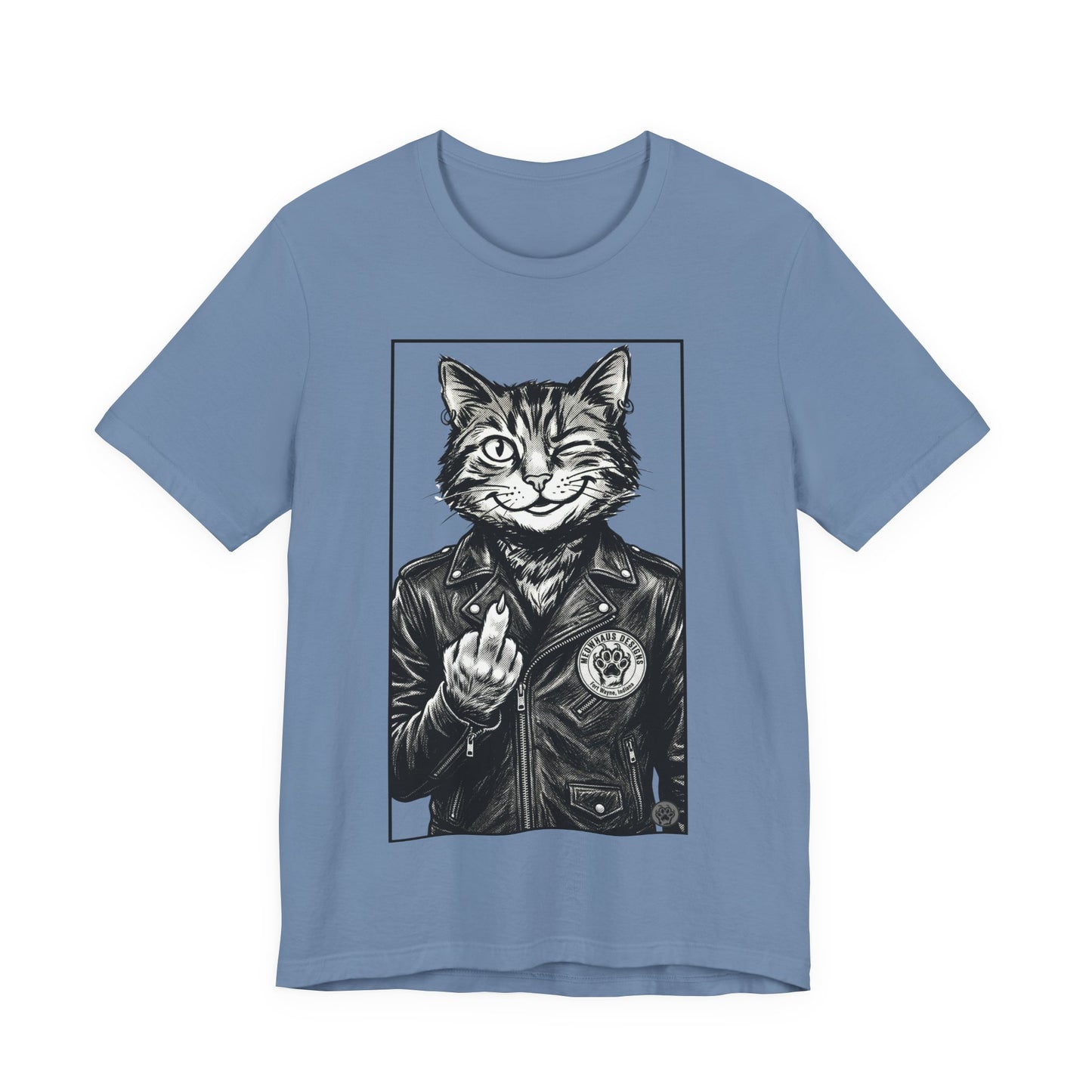 WinkyCat - Leather Jacket & Snarky Gesture - Cat Biker Tee — Grinning Cat in Leather Jacket Graphic T-Shirt