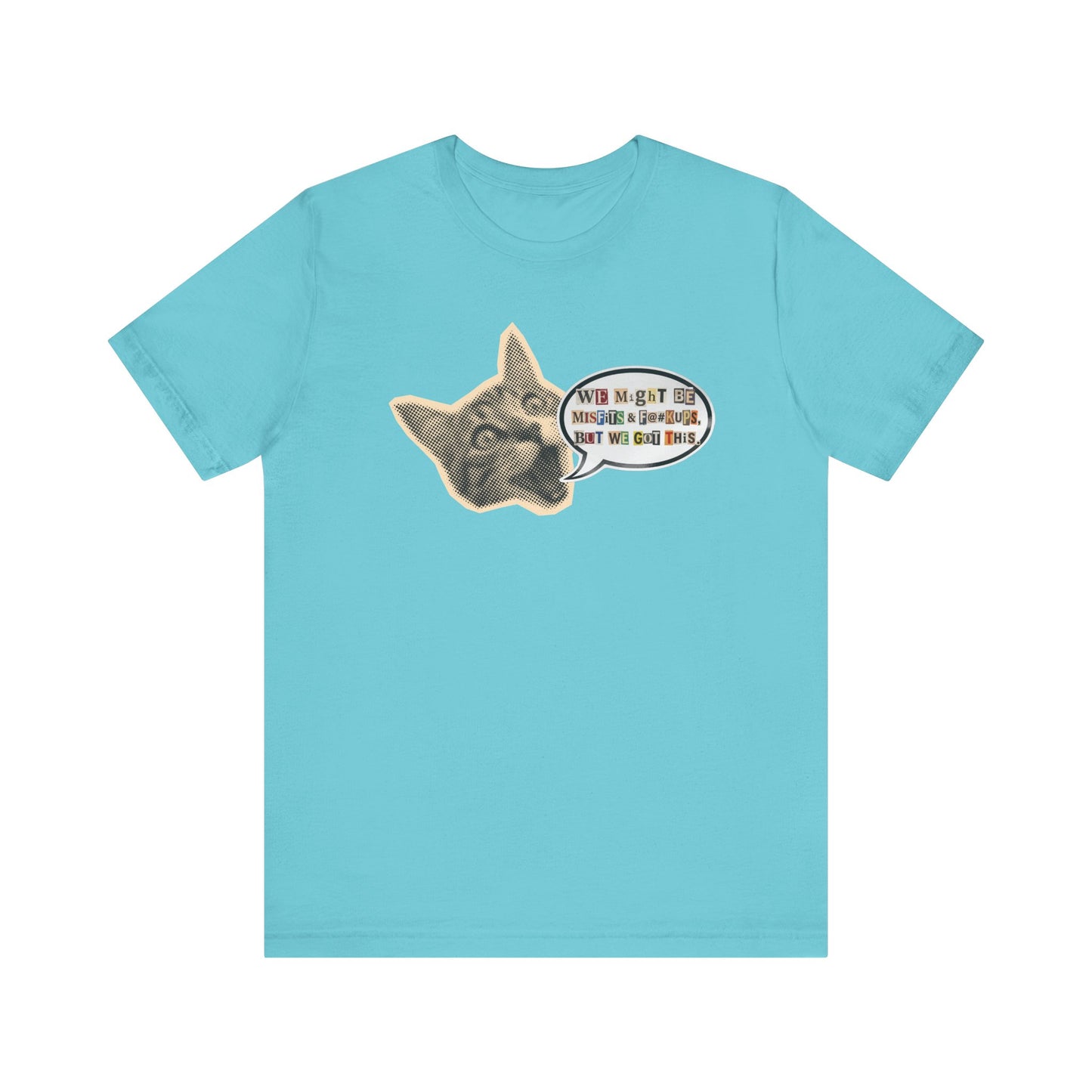 Cat Meme T‑Shirt — Vintage Cat Head Saying "We Might Be Misfits And F@#kups, But We Got This!""