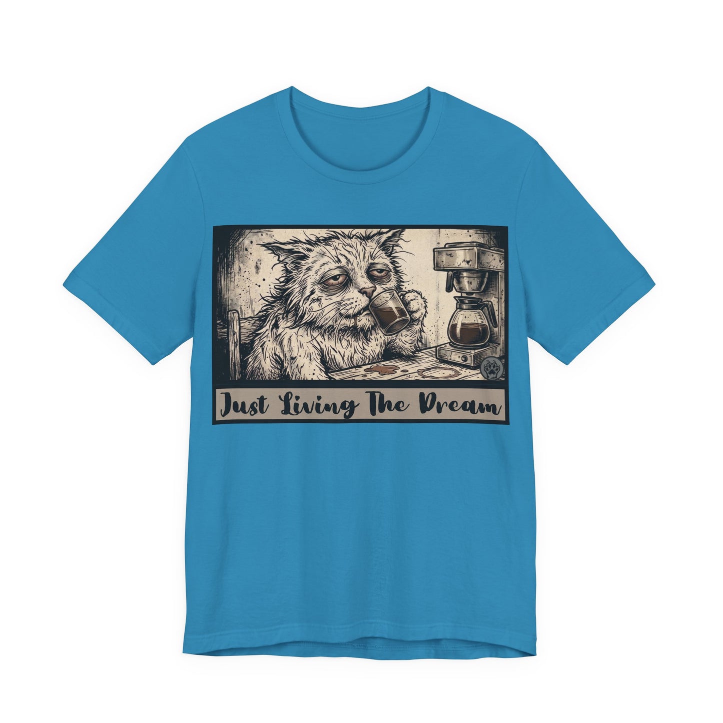 Scraps - Just Living The Dream - Tired Reluctant Morning Cat Tee — Vintage Cat Coffee T-Shirt