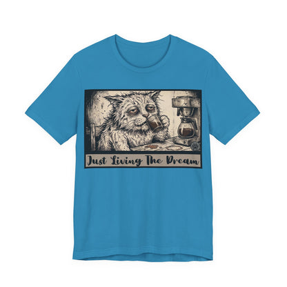 Scraps - Just Living The Dream - Tired Reluctant Morning Cat Tee — Vintage Cat Coffee T-Shirt