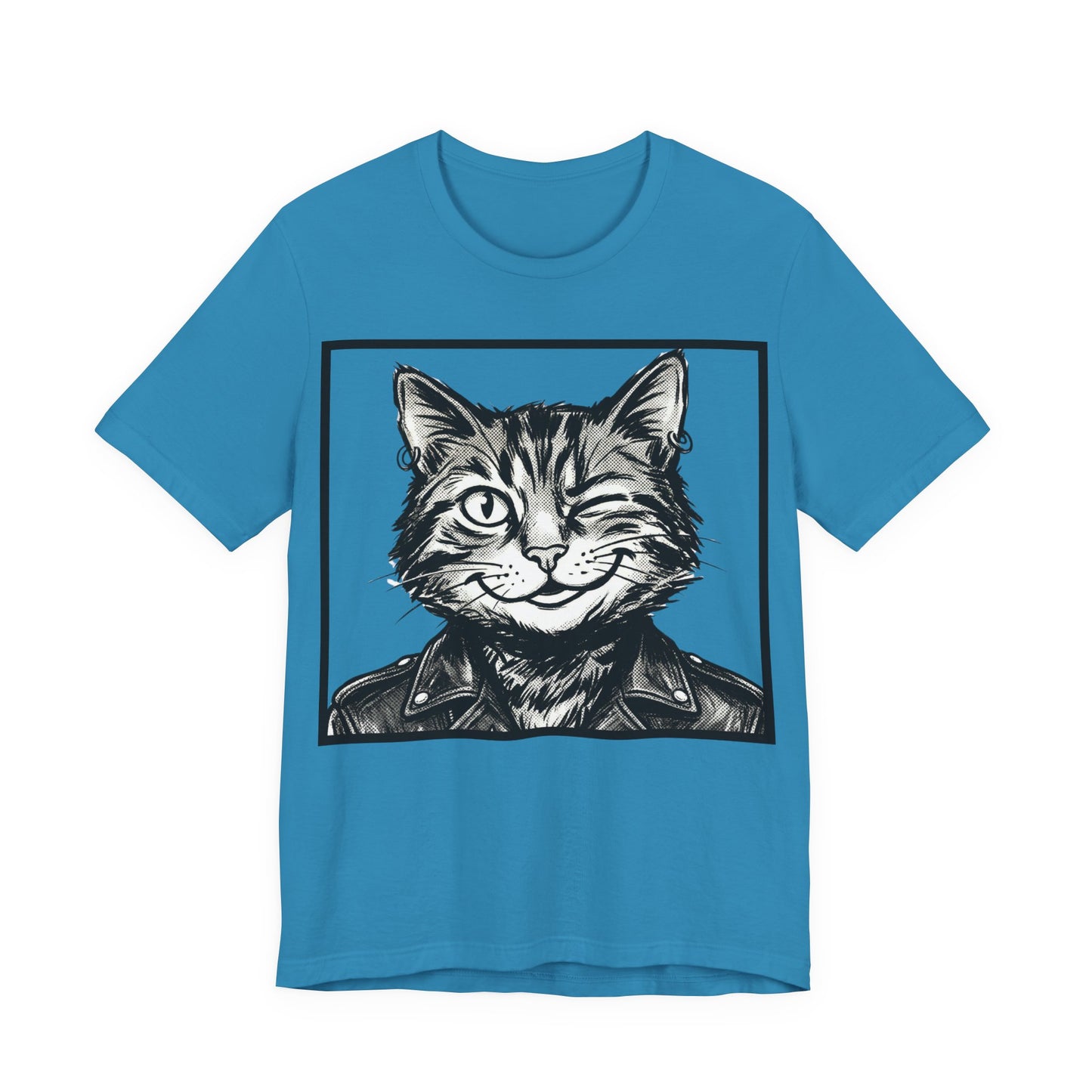 WinkyCat - Leather Jacket (NO Gesture) - Winking Cat Portrait Tee – Retro Rocker Biker Cat Graphic T-Shirt
