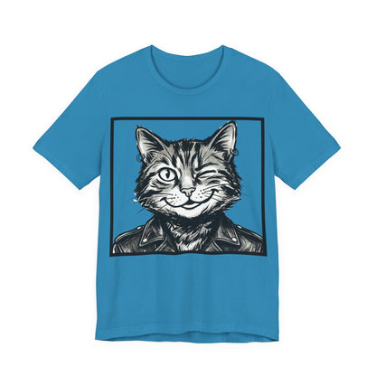 WinkyCat - Leather Jacket (NO Gesture) - Winking Cat Portrait Tee – Retro Rocker Biker Cat Graphic T-Shirt