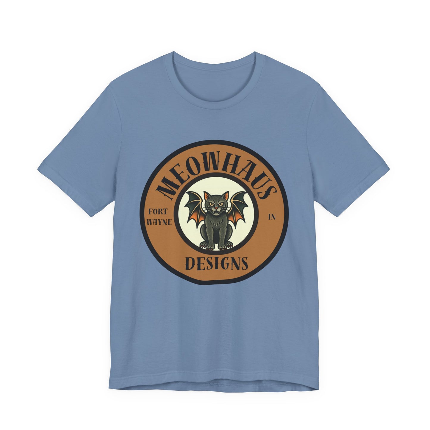 Meowhaus Designs Cat Circle Logo T-Shirt - Vintage Tattoo Cat-Bat Design