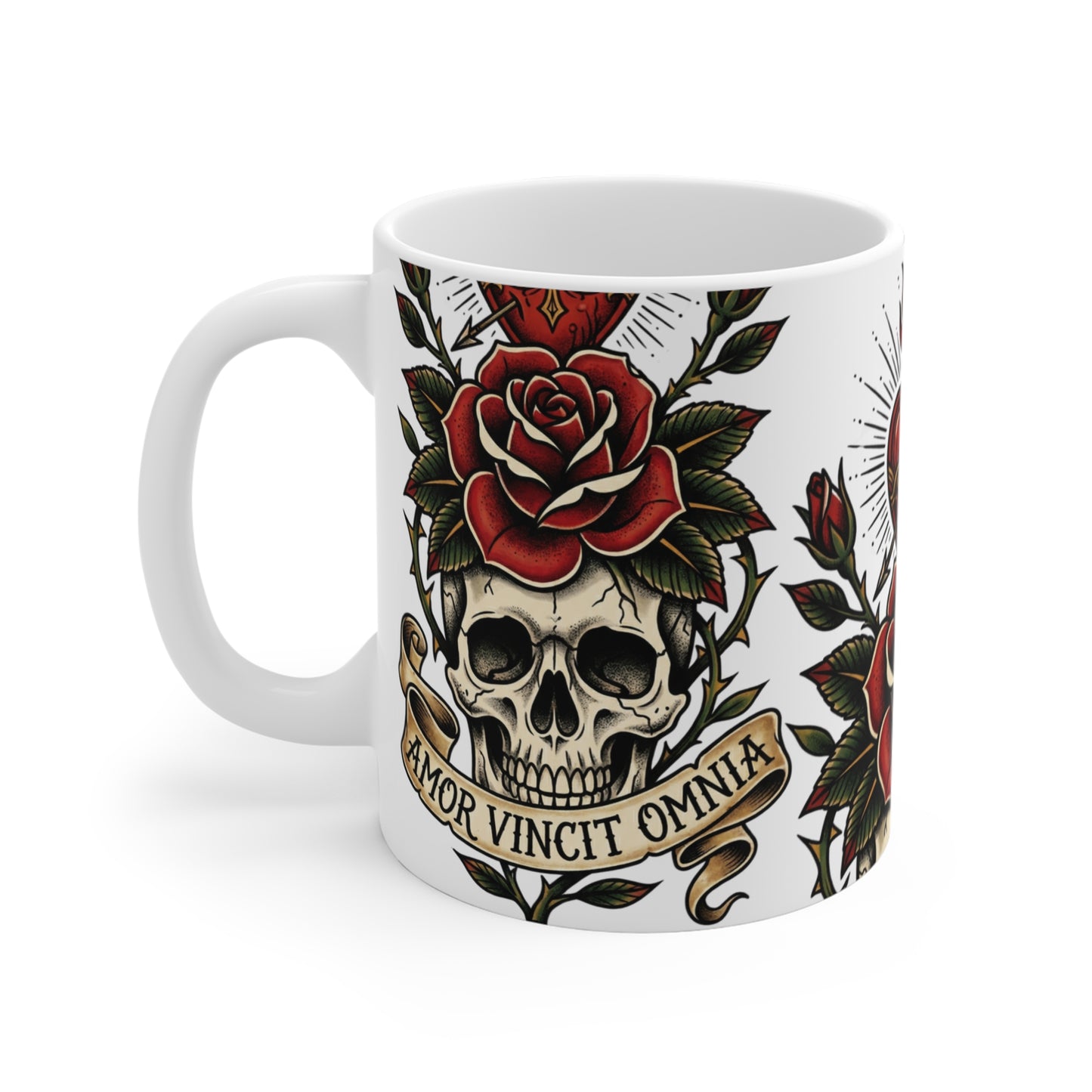 AVO - V1 #1 - 11oz Mug Ambi Handle — Sacred Heart & Skull Tattoo Art with 'Amor Vincit Omnia' Banner