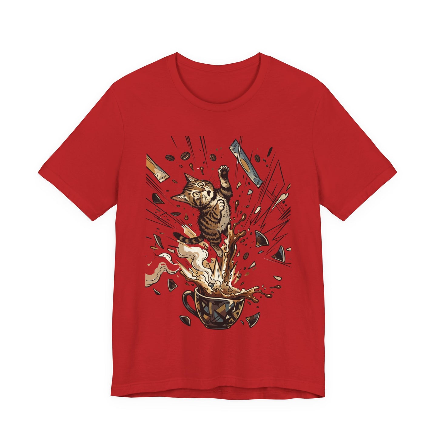 VOID - Cat Jumping Out of Coffee Cup T-Shirt – Exploding Coffee Cat Design