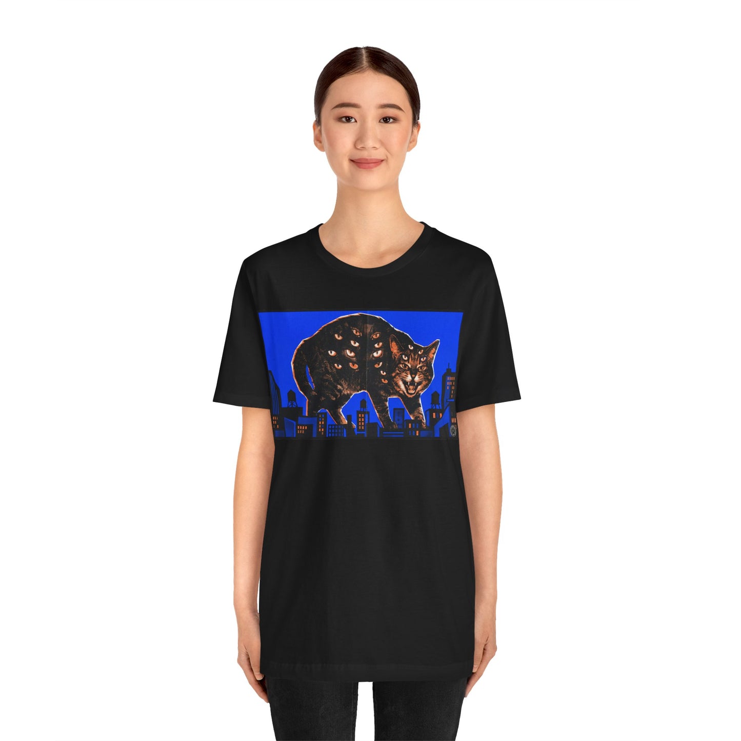 City Cat Attacks! - Blue Horizontal Collage Poster - Black Cat Skyline Tee — Retro Night City Cat Graphic T-Shirt