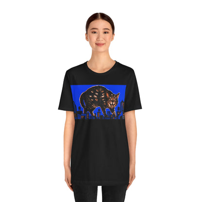 City Cat Attacks! - Blue Horizontal Collage Poster - Black Cat Skyline Tee — Retro Night City Cat Graphic T-Shirt