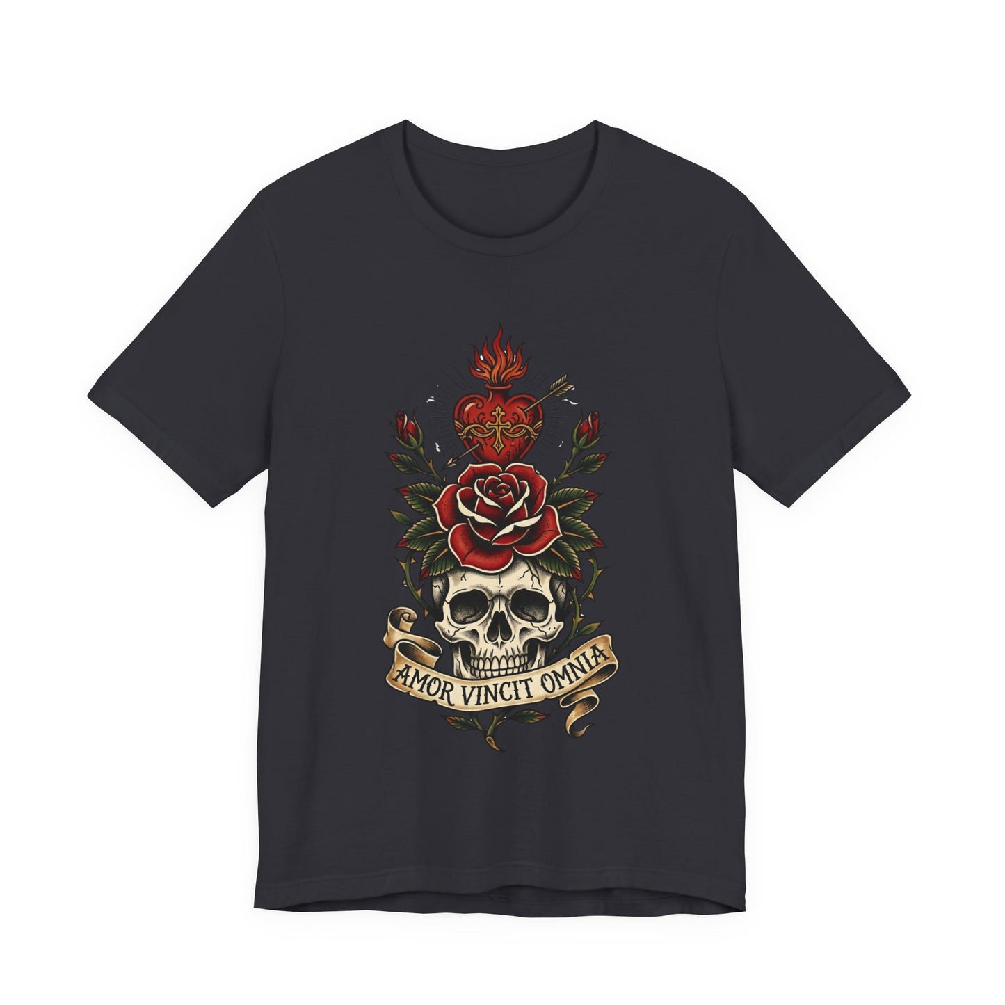 AVO - Tattoo T-Shirt — 'Amor Vincit Omnia' Skull & Rose Sacred Heart Tee