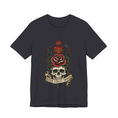 AVO - Tattoo T-Shirt — 'Amor Vincit Omnia' Skull & Rose Sacred Heart Tee