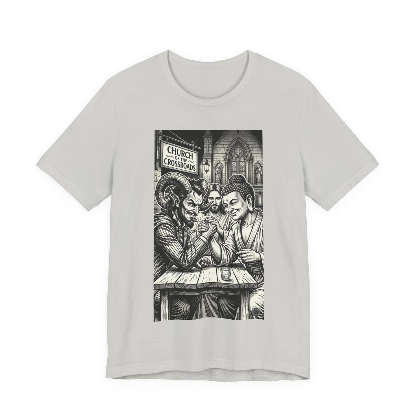 Crossroads T-Shirt — Religious Humor Satirical Arm Wrestling Graphic Tee