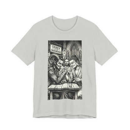 Crossroads T-Shirt — Religious Humor Satirical Arm Wrestling Graphic Tee