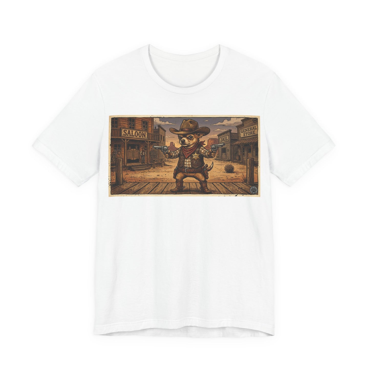 SheriffPaco - Horizontal - Western Cowboy Sheriff Chihuahua T-Shirt — Vintage Saloon Puppy Dog Graphic Tee