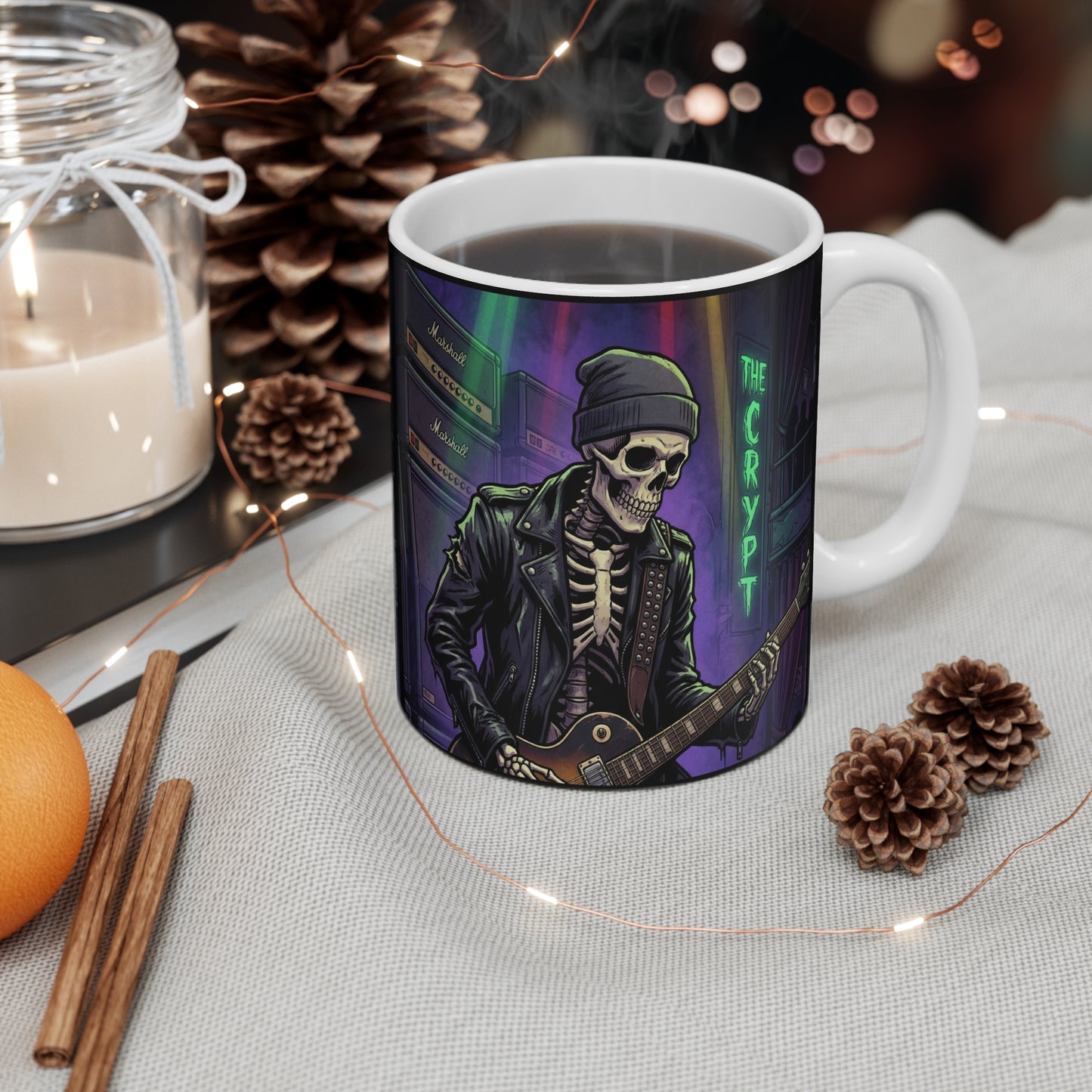 Bonesy - At The Crypt - 11oz Mug Ambi Handle - The Crypt Skeleton Rocker Mug — 11oz Gothic Skull Coffee Cup