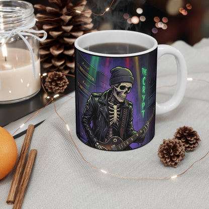 Bonesy - At The Crypt - 11oz Mug Ambi Handle - The Crypt Skeleton Rocker Mug — 11oz Gothic Skull Coffee Cup
