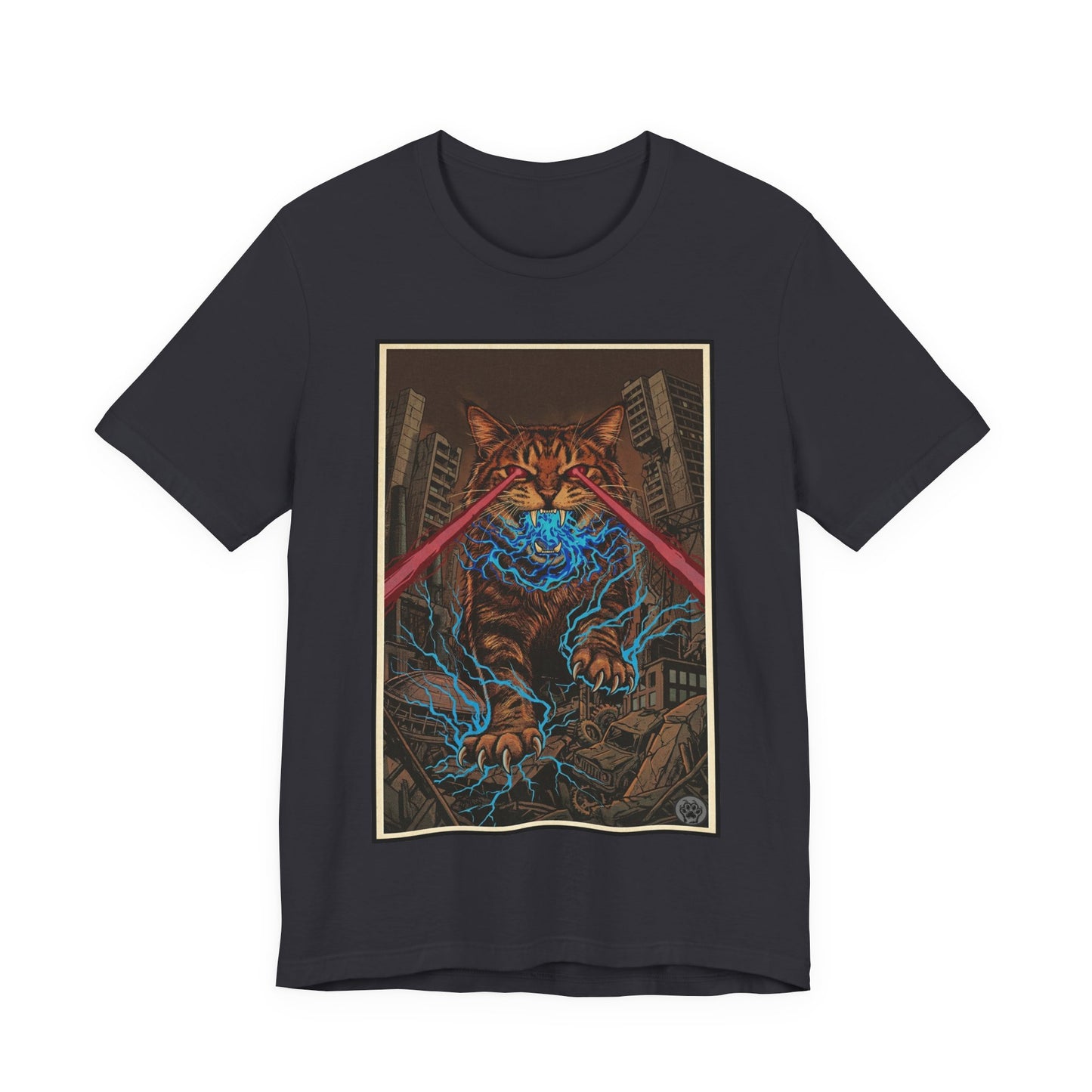 CityCat Attacks! Dark with Red Lasers - Tiger Kitty Kaiju Tee — Laser-Eyed Monster Cityscape T-Shirt