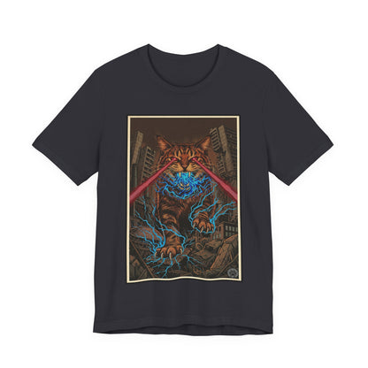 CityCat Attacks! Dark with Red Lasers - Tiger Kitty Kaiju Tee — Laser-Eyed Monster Cityscape T-Shirt
