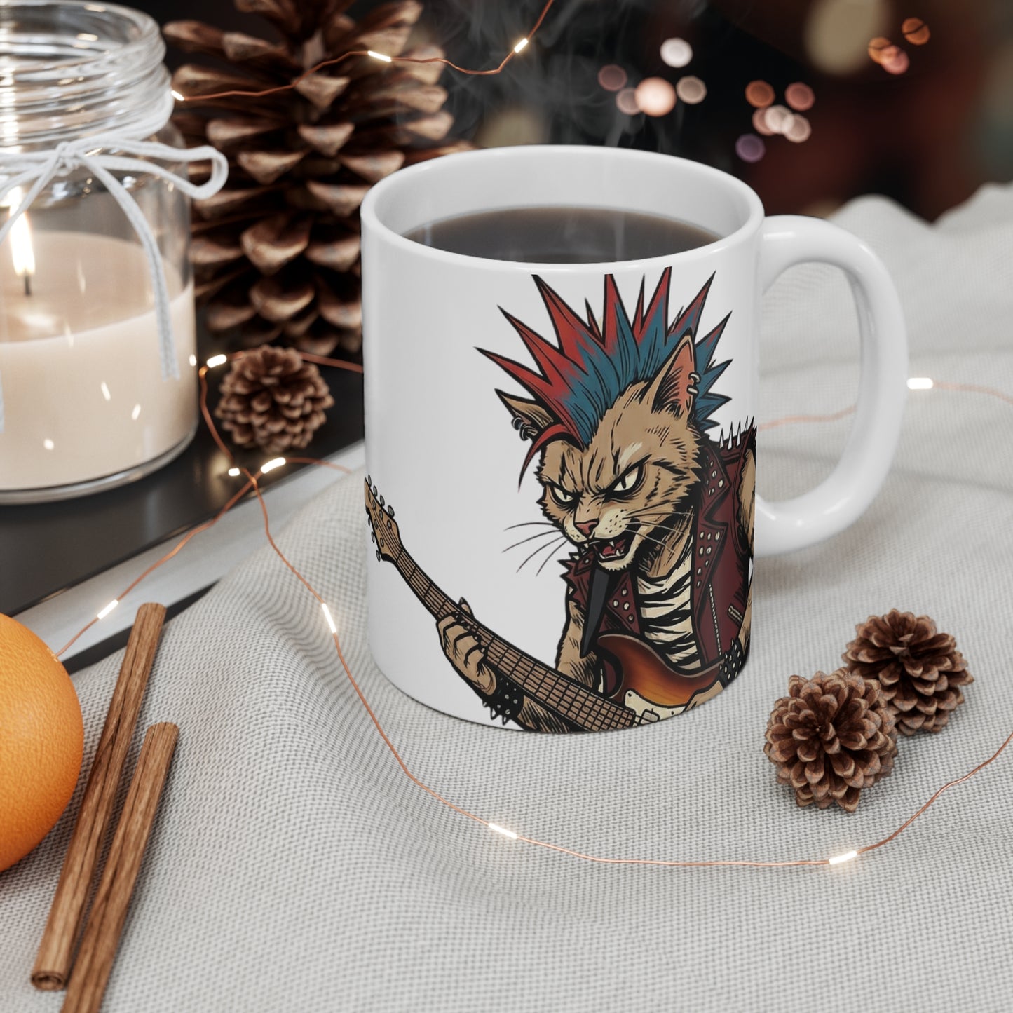PunkCat - Big & Bold - 11oz Mug Right Handle - Rock Cat Guitarist Design