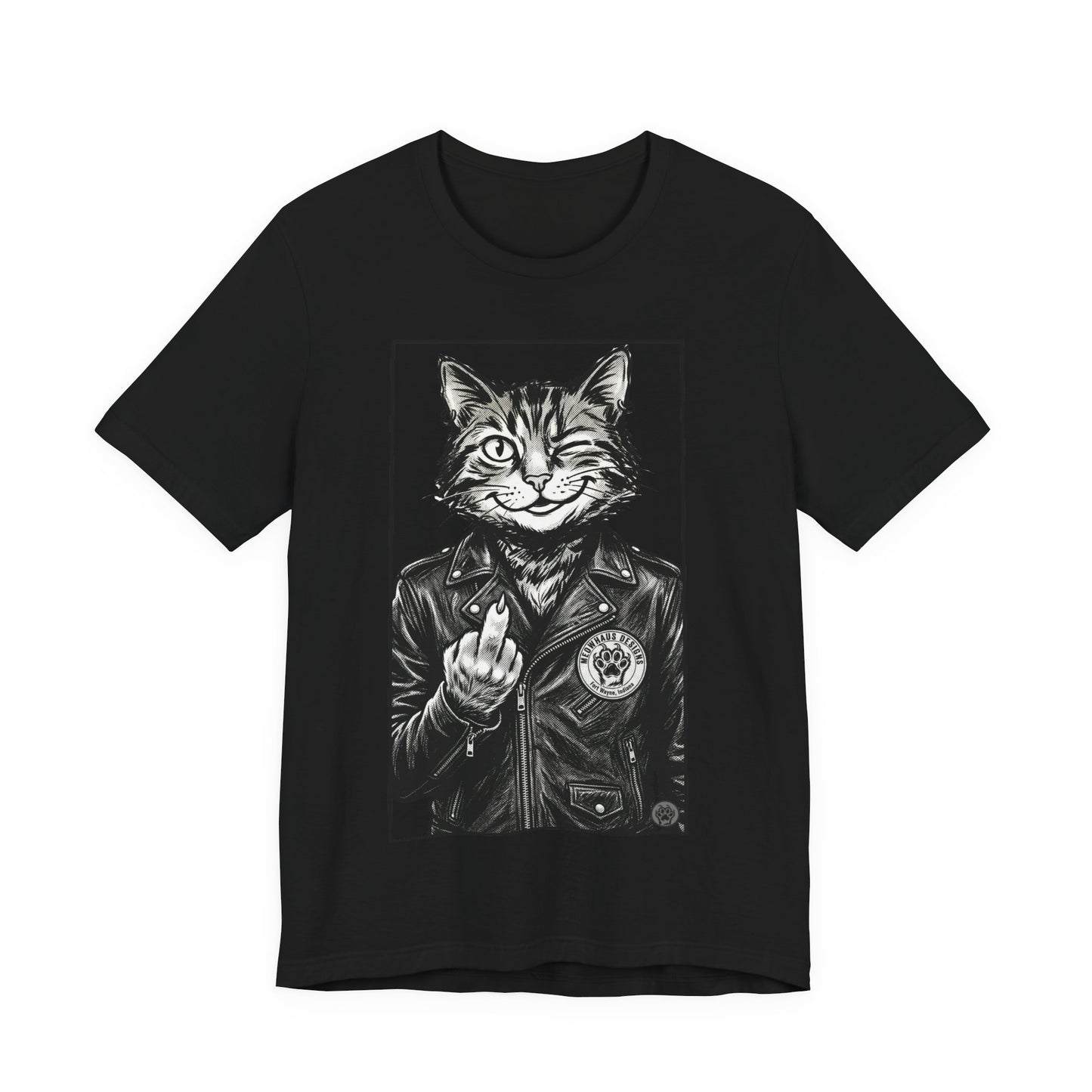 WinkyCat - Leather Jacket & Snarky Gesture - Cat Biker Tee — Grinning Cat in Leather Jacket Graphic T-Shirt