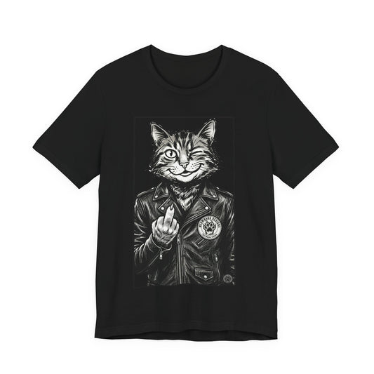 WinkyCat - Leather Jacket & Snarky Gesture - Cat Biker Tee — Grinning Cat in Leather Jacket Graphic T-Shirt