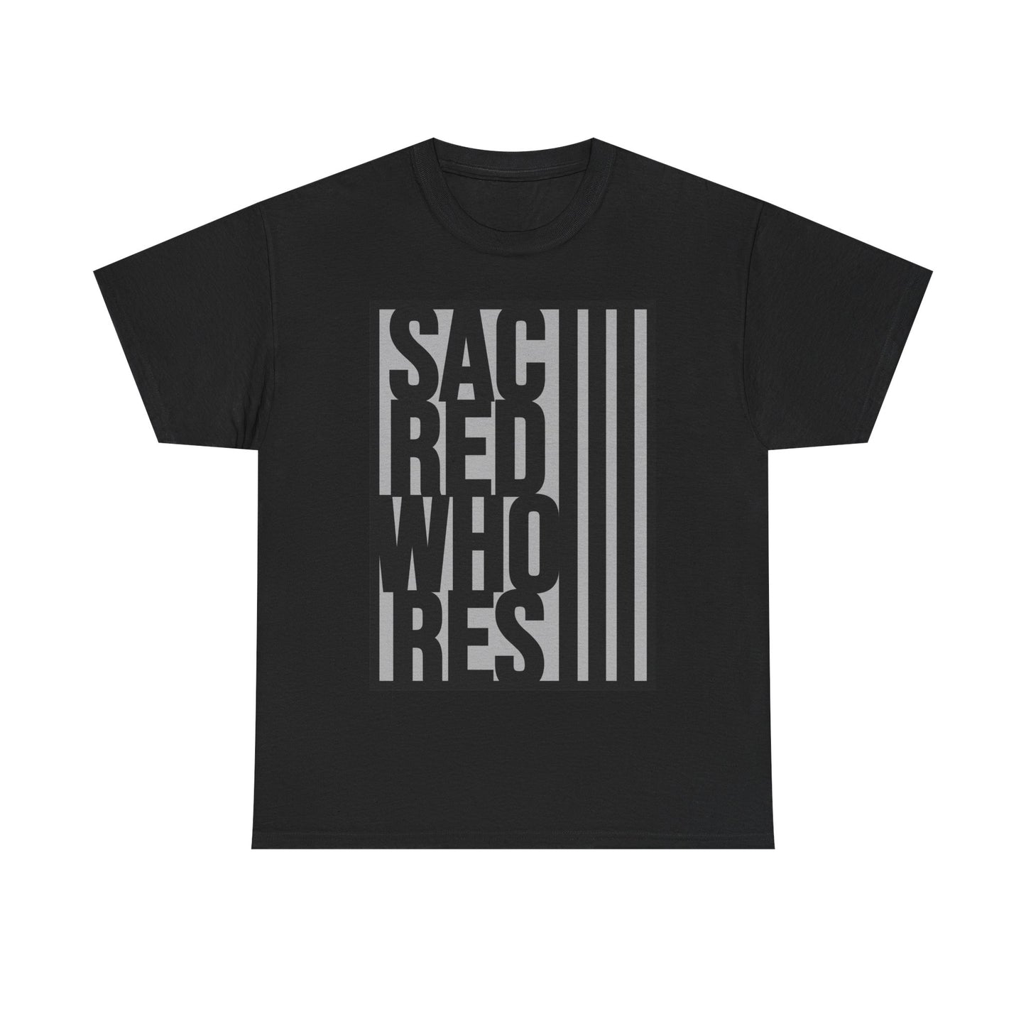 Sacred Whores - Graphic Tee — Bold Vertical Text Black T‑Shirt