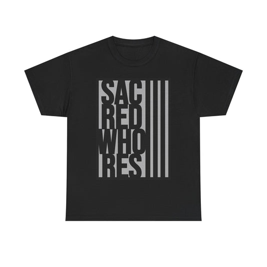 Sacred Whores - Graphic Tee — Bold Vertical Text Black T‑Shirt