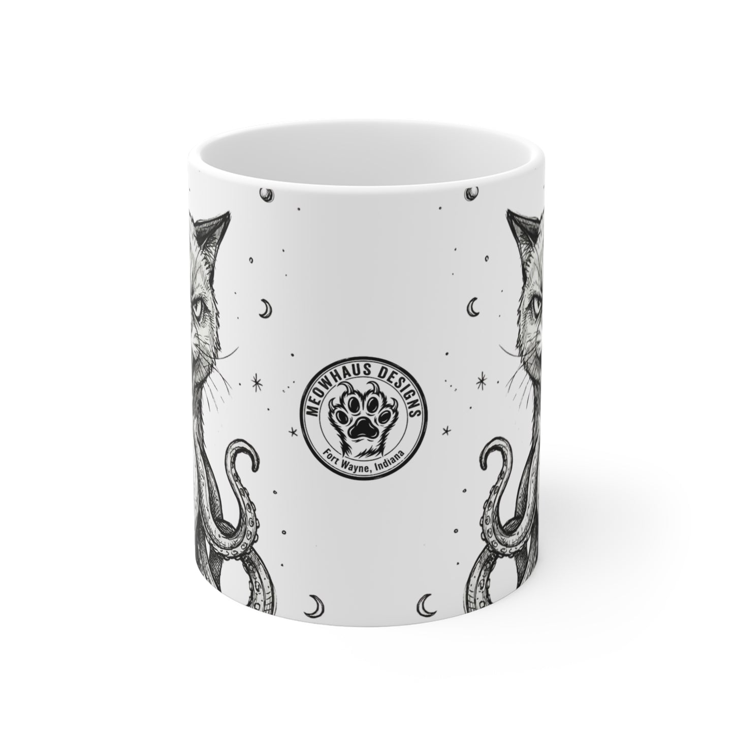 AlienCat In Space! - 11oz Mug Ambi Handle — Octocat Cat Tentacle Coffee Cup (Black & White Gothic Cat Art)