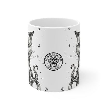 AlienCat In Space! - 11oz Mug Ambi Handle — Octocat Cat Tentacle Coffee Cup (Black & White Gothic Cat Art)