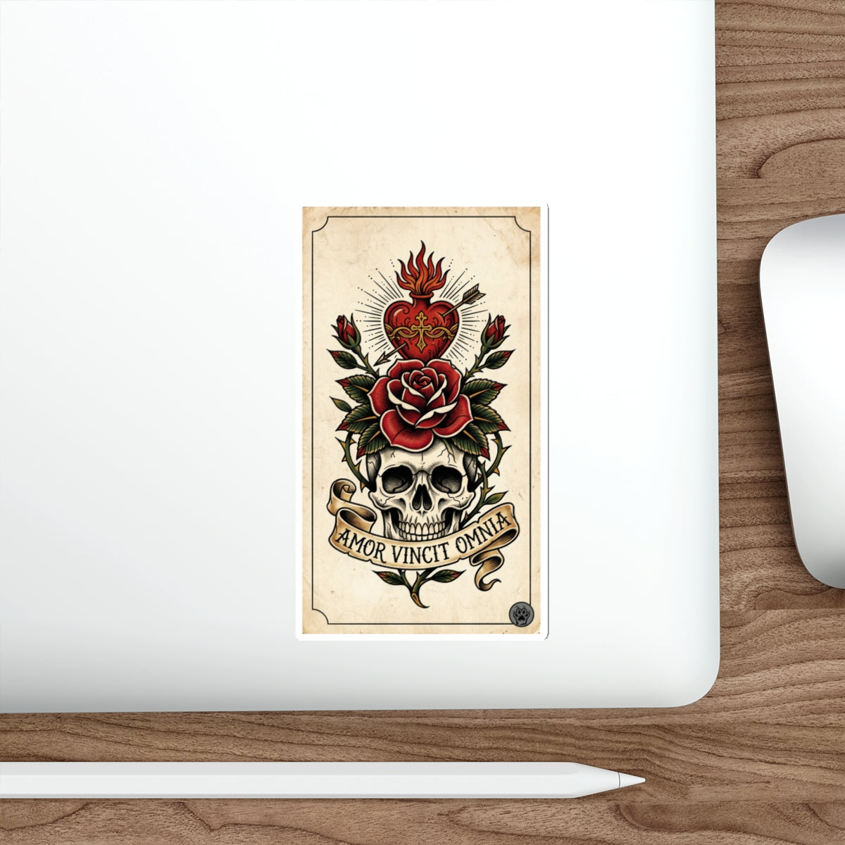 AVO-1 Sticker — Vintage 'Amor Vincit Omnia' Skull & Rose Die-Cut Tattoo Sticker