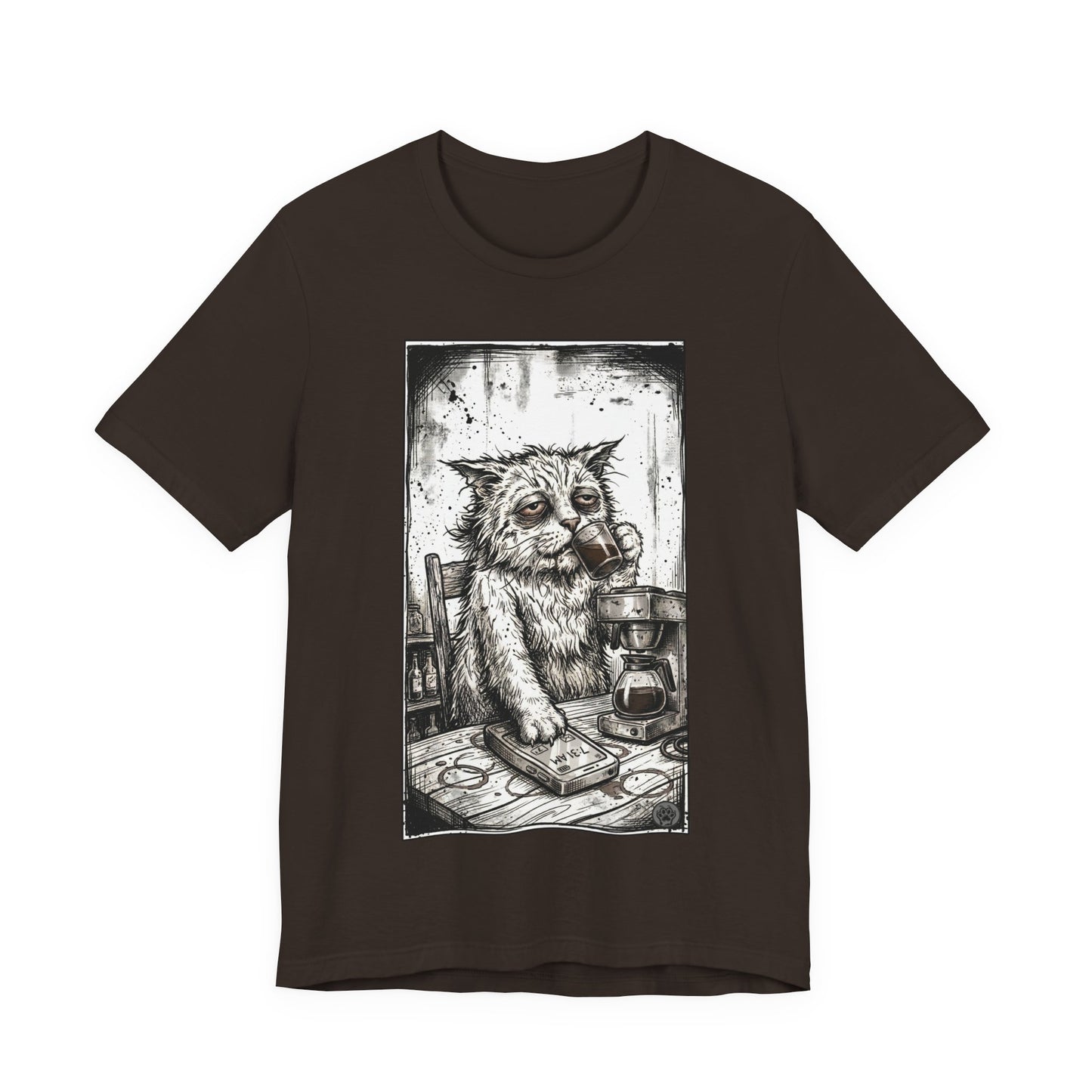 Scraps "GFM" - Cat Drinking Coffee T-Shirt — Tired Depressed Cat Graphic Tee