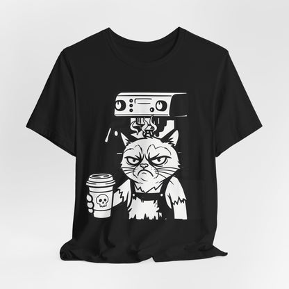 VOID - Annoyed Cat Coffee Tee — Funny Sarcastic Cat Barista Shirt with Coffee & Espresso Machine