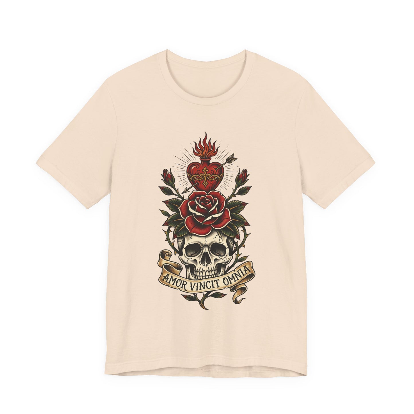 AVO - Tattoo T-Shirt — 'Amor Vincit Omnia' Skull & Rose Sacred Heart Tee