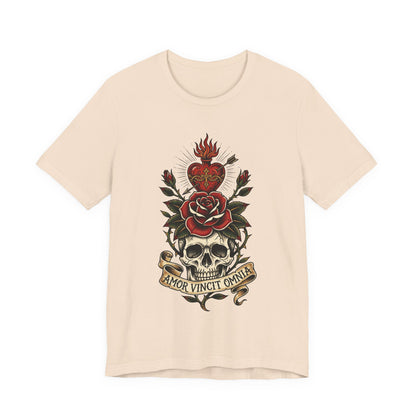 AVO - Tattoo T-Shirt — 'Amor Vincit Omnia' Skull & Rose Sacred Heart Tee