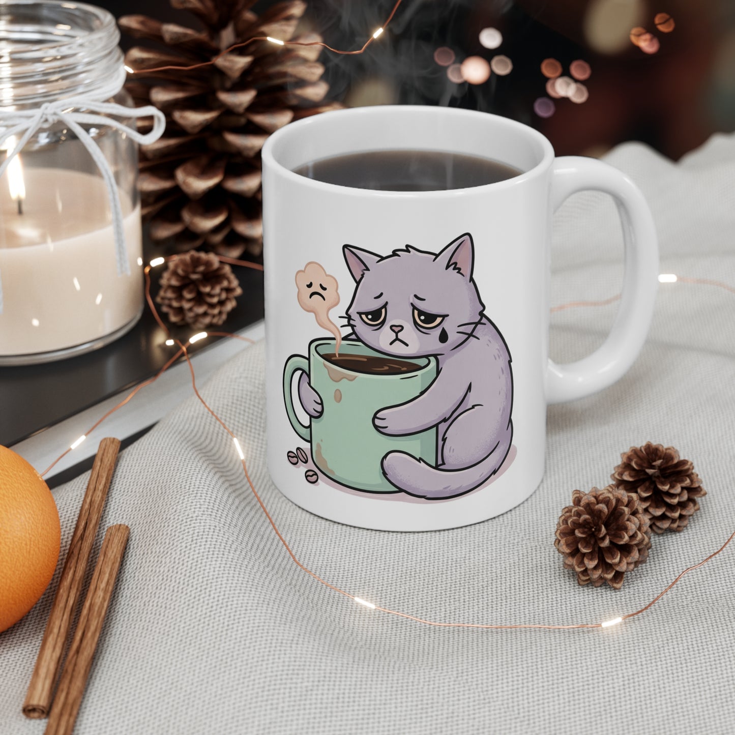 VOID - 11oz Mug — Sad Cat Hugging Coffee Cute Kawaii Cat Coffee Lover Gift