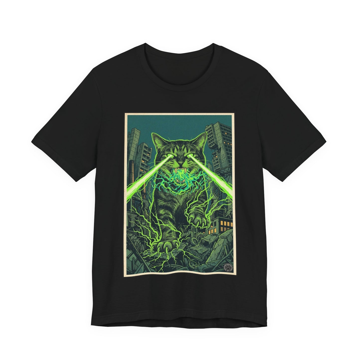 City Cat Attacks! - Green Laser-Eyed Monster Cat T-Shirt — Neon Godzilla-Style Graphic Tee