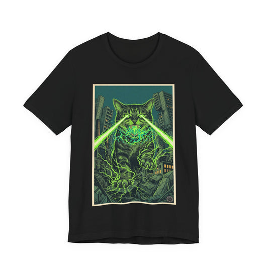 City Cat Attacks! - Green Laser-Eyed Monster Cat T-Shirt — Neon Godzilla-Style Graphic Tee