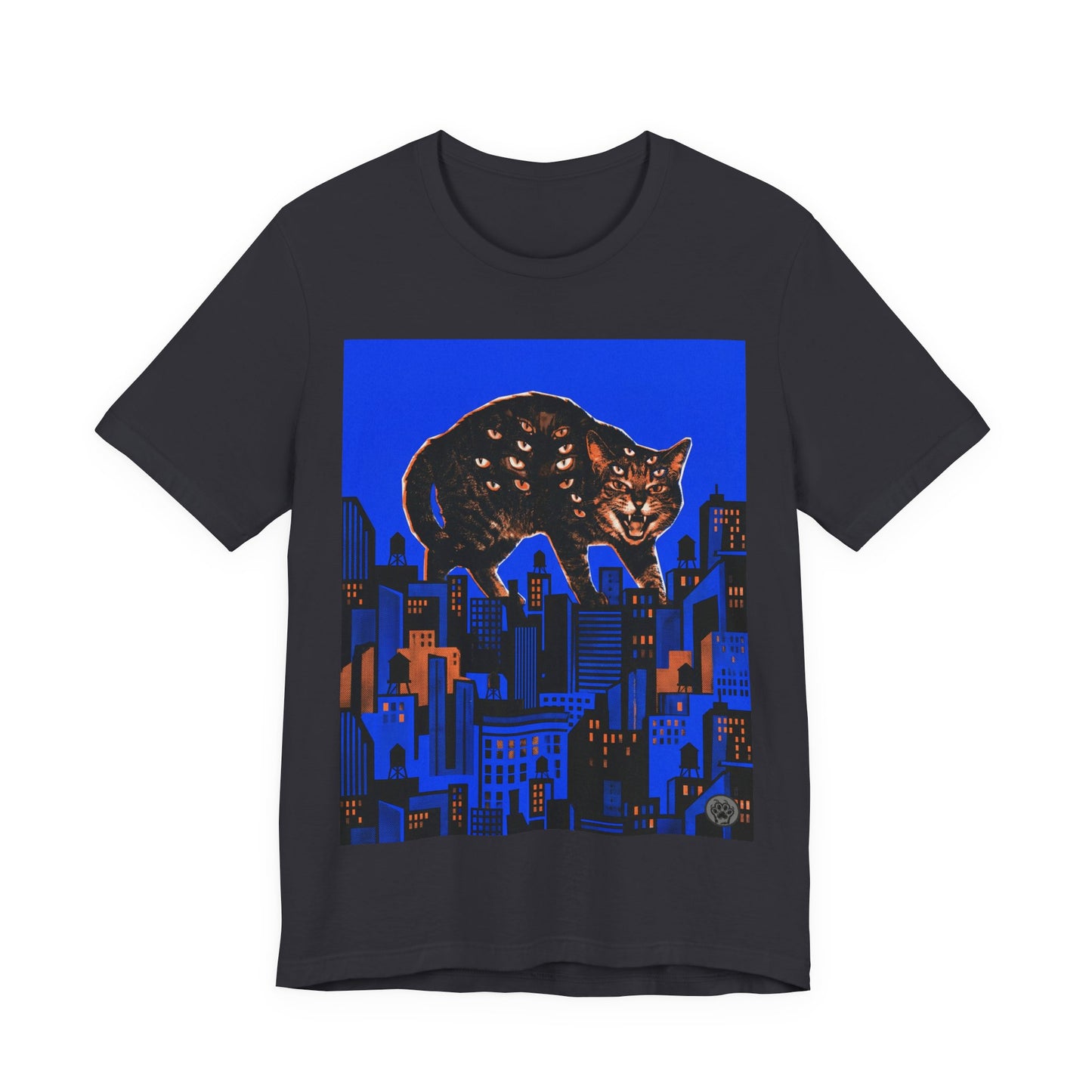 City Cat Attacks! - Collage Poster Blue Vertical - Black Cat Over Cityscape T-Shirt — Halloween Urban Night Graphic Tee