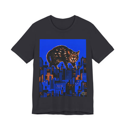 City Cat Attacks! - Collage Poster Blue Vertical - Black Cat Over Cityscape T-Shirt — Halloween Urban Night Graphic Tee