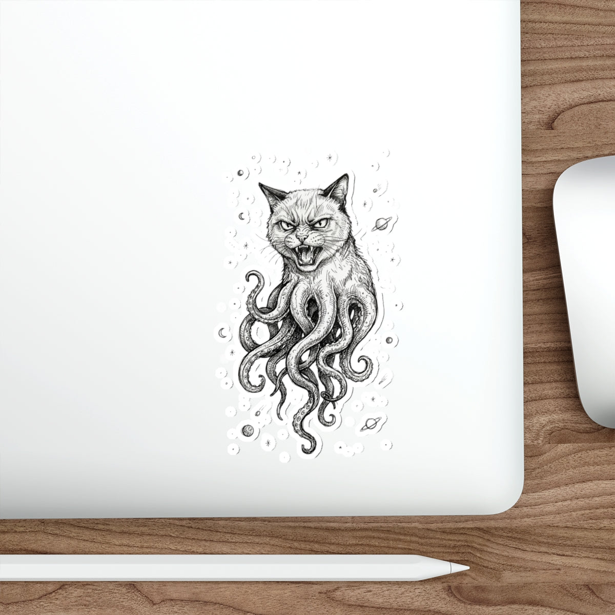 AlienCat In Space! - Die-Cut Sticker — Gothic Cat with Octopus Tentacles (Black & White Illustration)