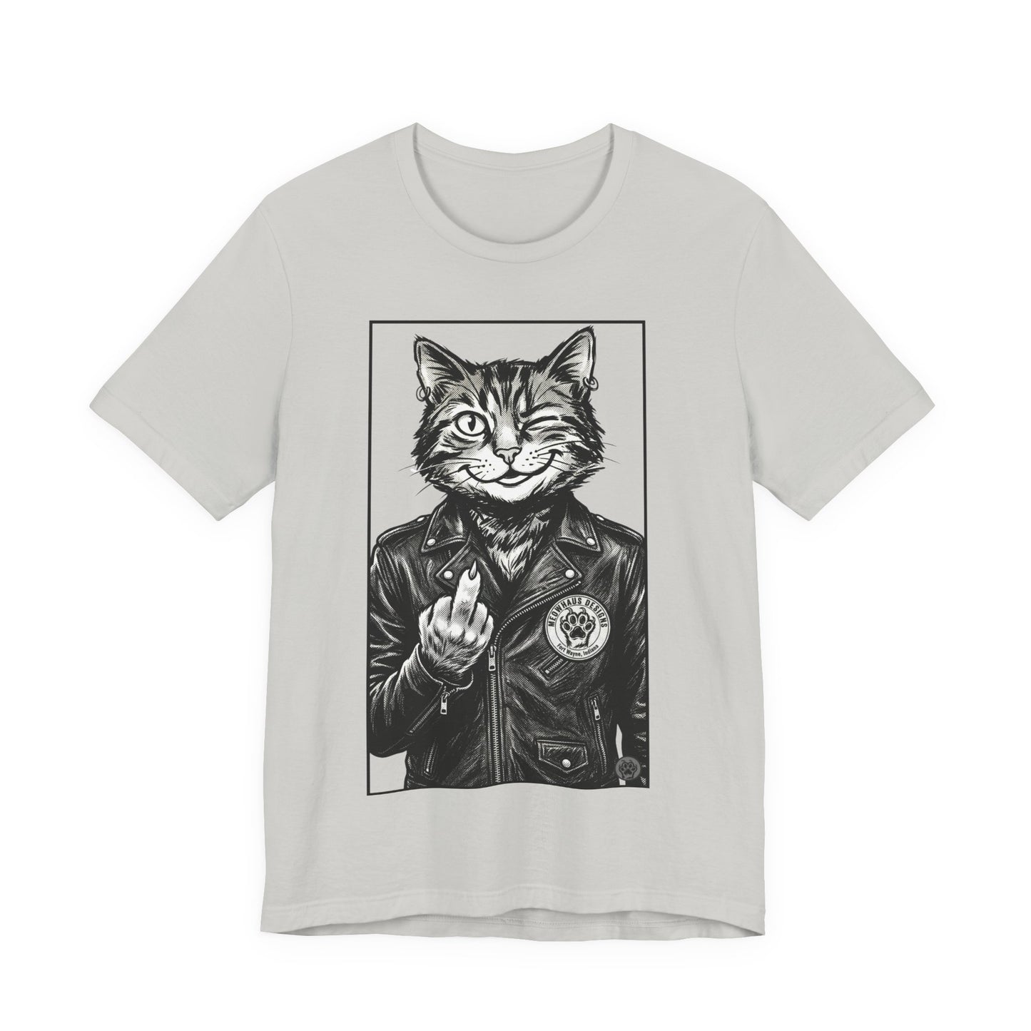 WinkyCat - Leather Jacket & Snarky Gesture - Cat Biker Tee — Grinning Cat in Leather Jacket Graphic T-Shirt