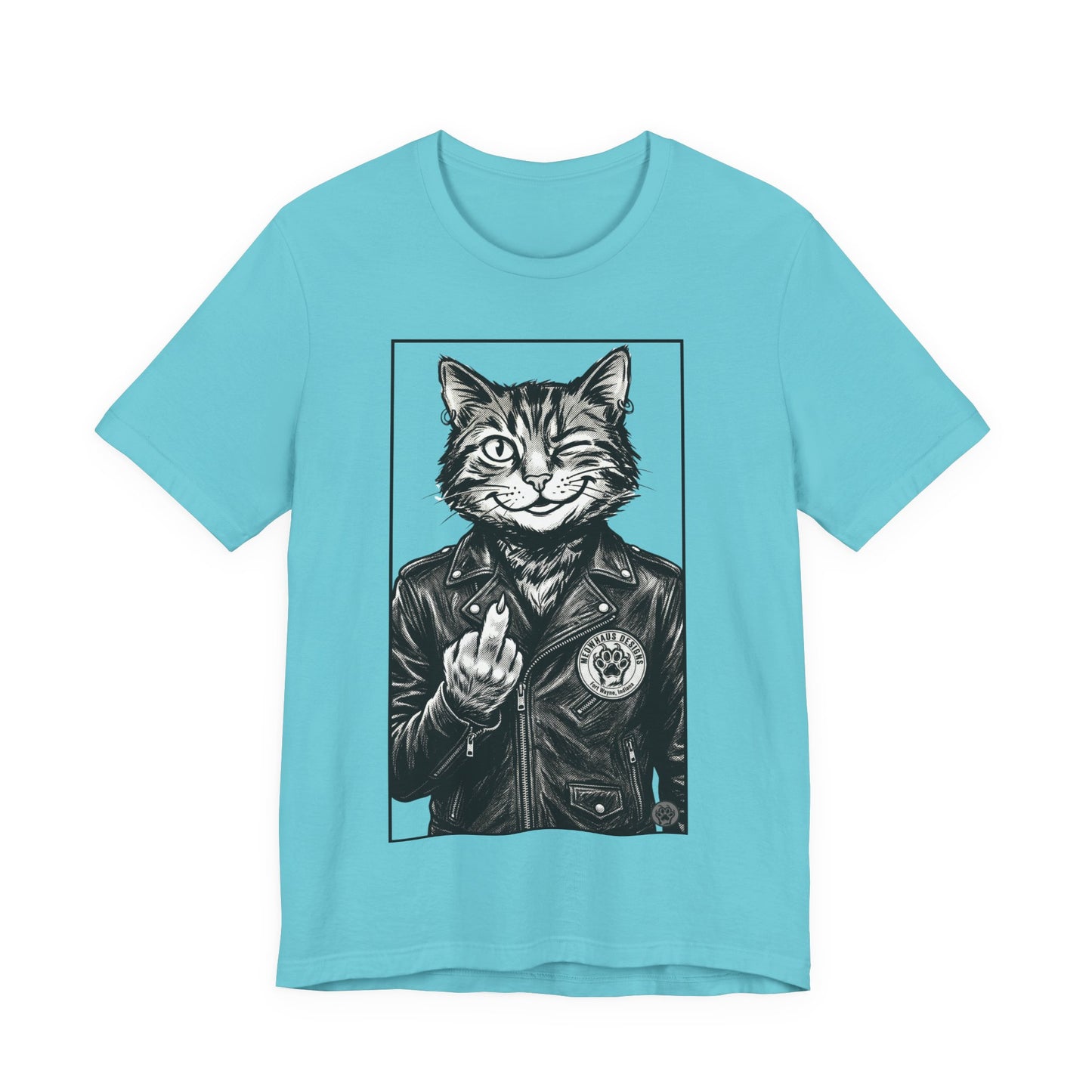 WinkyCat - Leather Jacket & Snarky Gesture - Cat Biker Tee — Grinning Cat in Leather Jacket Graphic T-Shirt