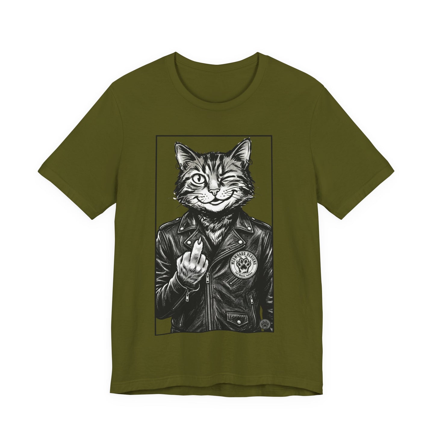 WinkyCat - Leather Jacket & Snarky Gesture - Cat Biker Tee — Grinning Cat in Leather Jacket Graphic T-Shirt