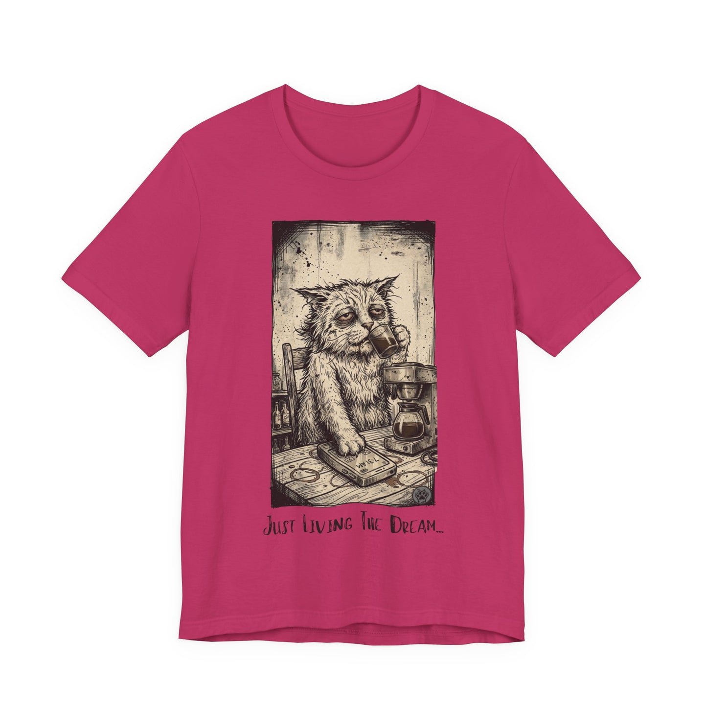 Scraps - Tired Cat Illustration Tee — "Just Living the Dream" Vintage Coffee Cat T-Shirt