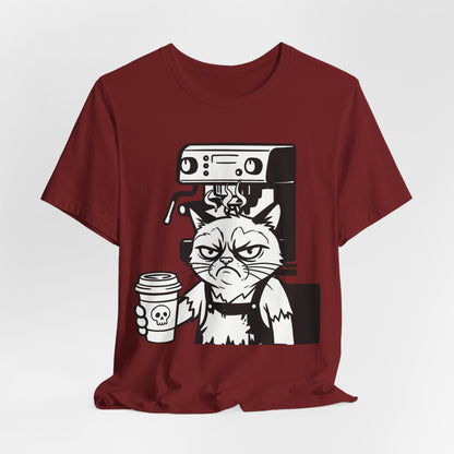 VOID - Annoyed Cat Coffee Tee — Funny Sarcastic Cat Barista Shirt with Coffee & Espresso Machine