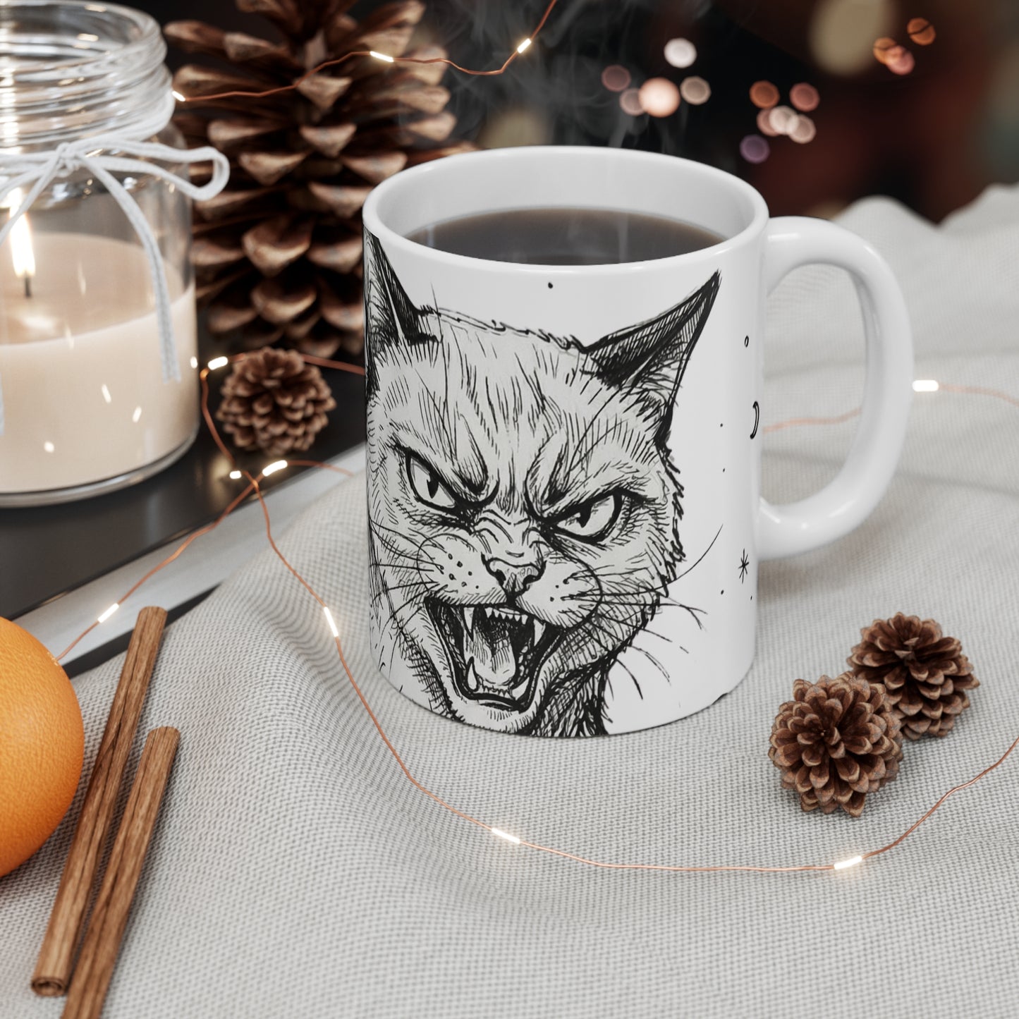AlienCat In Space! - Big - 11oz Mug Right Handle — Vintage Black & White Astro Cat Coffee Cup