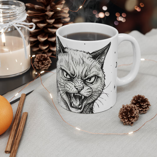 AlienCat In Space! - Big - 11oz Mug Right Handle — Vintage Black & White Astro Cat Coffee Cup
