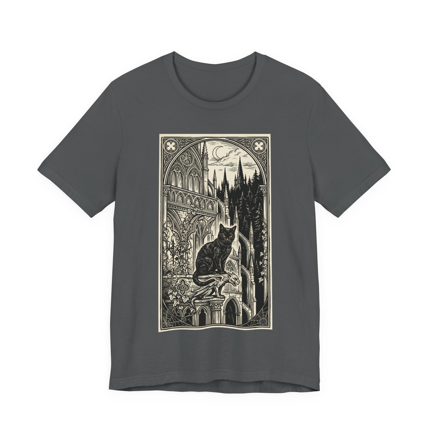 DarkArts Collection - Cat Vertical - Gothic Black Cat T-Shirt — Midnight Cathedral Illustration Tee