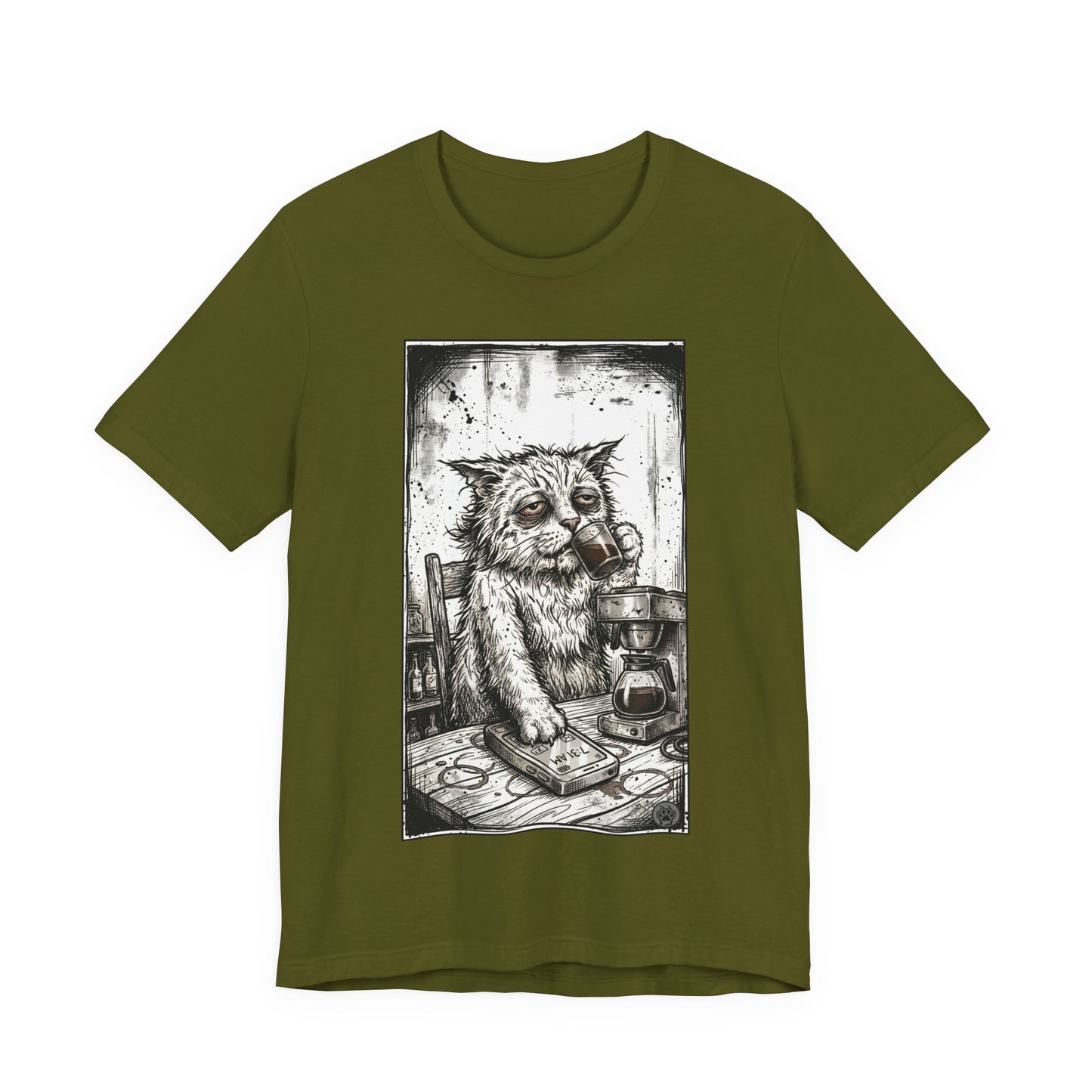 Scraps "GFM" - Cat Drinking Coffee T-Shirt — Tired Depressed Cat Graphic Tee