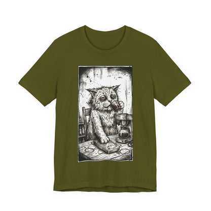Scraps "GFM" - Cat Drinking Coffee T-Shirt — Tired Depressed Cat Graphic Tee