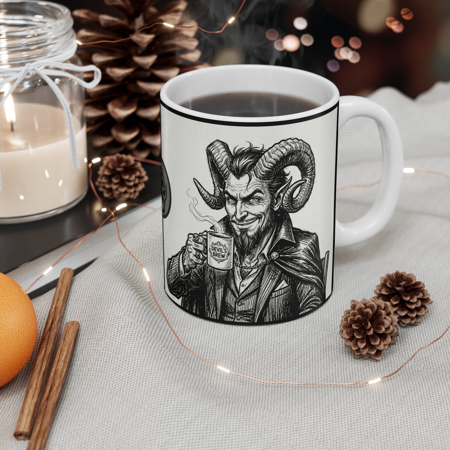 BLZB - "Devil's Brew" Coffee - 11oz Mug Ambi Handle — Religious Humor Vintage Devil Character Holding Coffee Mug (Gothic Occult Art)