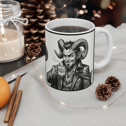 BLZB - "Devil's Brew" Coffee - 11oz Mug Ambi Handle — Religious Humor Vintage Devil Character Holding Coffee Mug (Gothic Occult Art)